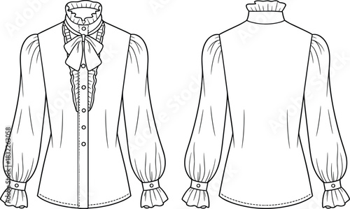 Front and back view fashion illustration of a ruffled high neck bow blouse shirt clothing