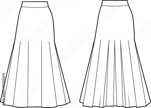 Front and back view flat sketch of a white pleated midi skirt garment apparel