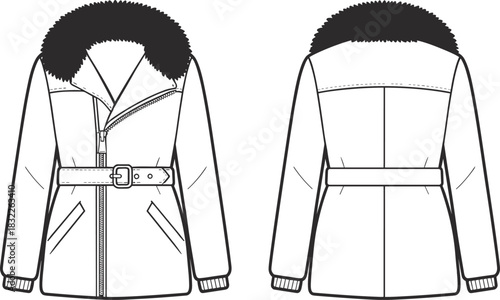 Front and back view of a fur-collared belted jacket with zipper on white background coat fashion