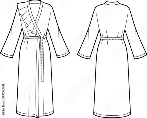 Front and back view of a long belted robe with ruffled collar on white background kimono dressing gown