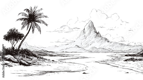 Serene Beach Scene with Majestic Mountains Vector Illustration