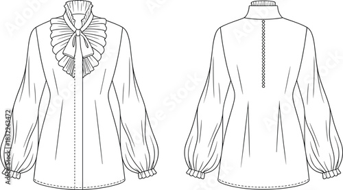 Front and back view of a detailed outline blouse with ruffled collar and bow shirt apparel