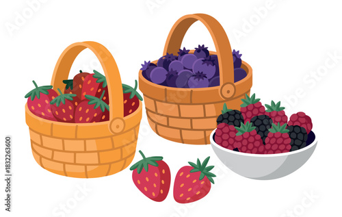 Two woven baskets and a bowl are filled with fresh strawberries, blueberries, raspberries, and blackberries.
