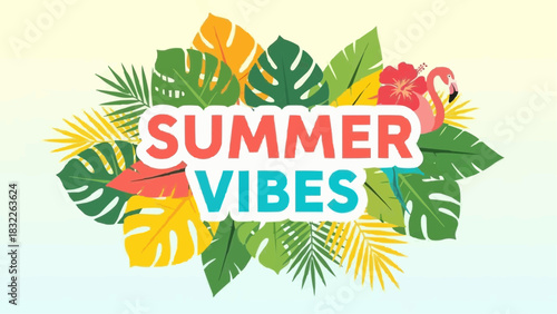 Illustration of summer vibes text with tropical leaves and a flamingo against a gradient background