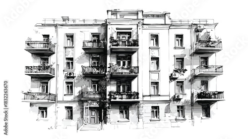 Architectural Drawing of Building with Balconies Vector