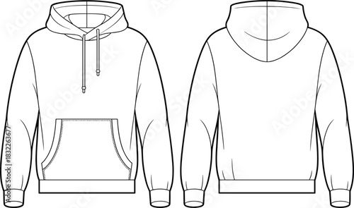 Front and back view of a white hooded sweatshirt with a front pocket and drawstring hoodie jacket