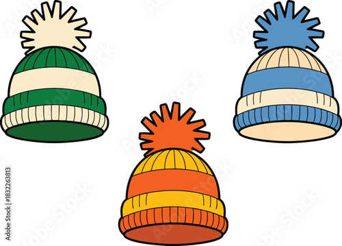 Three knitted winter beanies with pom poms in green cream orange and blue stripes winter hat knitted hat