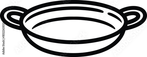 Simple black outline illustration of a shallow metal cooking pot with two handles kitchen utensil