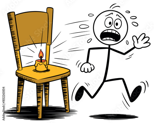 A frightened stick figure runs away from a lit candle placed on a wooden chair.