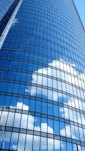 Sky reflection on a glass building with blue sky and white clouds view