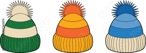 Three striped knitted winter beanies with pom poms in green orange and blue winter hat knitted hat