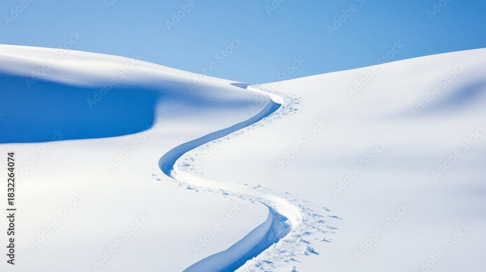 Obraz premium Ski Track on Snowy Hill Under Blue Sky, Winter ,Snowscape