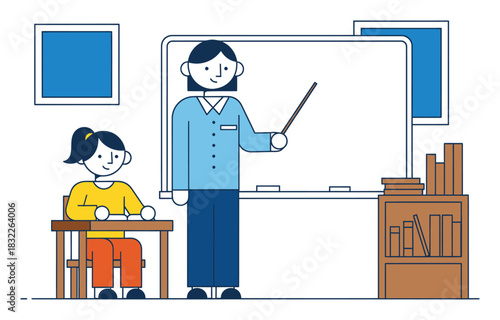 Minimalist Flat Vector Teacher Student Classroom Illustration - Simple Geometric Education Concept