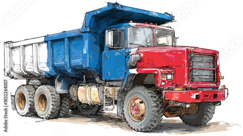 Professional Drawing of Dump Truck with Blue and Red Paint Job