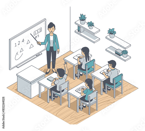 Isometric Classroom Illustration: Teacher Helping Student in Modern Geometric Style