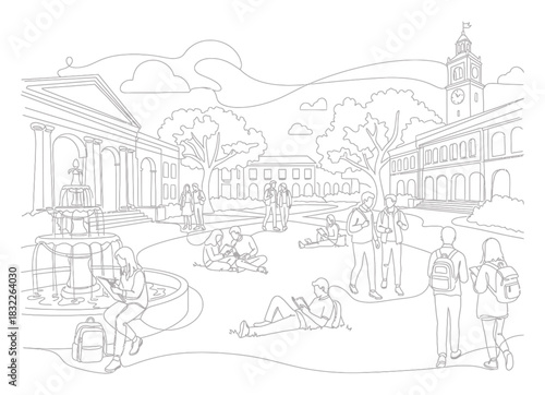 Minimalist Continuous Line Art Illustration of University Campus Life
