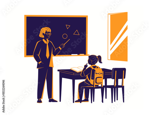 Male teacher pointing at blackboard teaching student in classroom, education vector illustration
