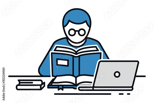 Student Studying Desk Icon, Vector Design, White Background