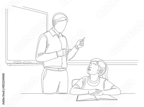 Elegant Single Line Art Illustration: Teacher and Student in Minimalist Classroom