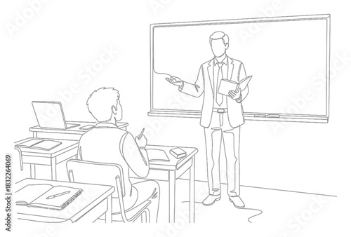 Elegant Single Line Art Illustration: Teacher and Student in Minimalist Classroom