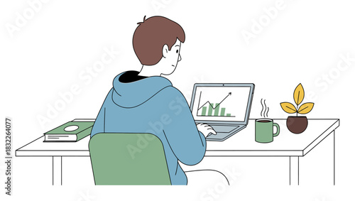 Minimalist Student Studying Desk Vector Illustration - Geometric Flat Design