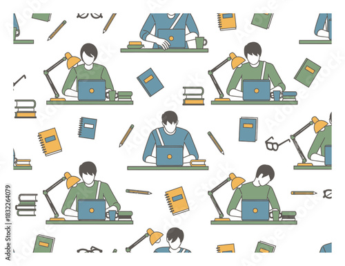 Seamless Vector Pattern of Student Studying Desk Motifs