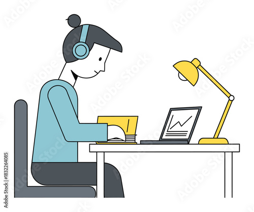 Minimalist Student Studying Desk Vector Illustration - Geometric Flat Design