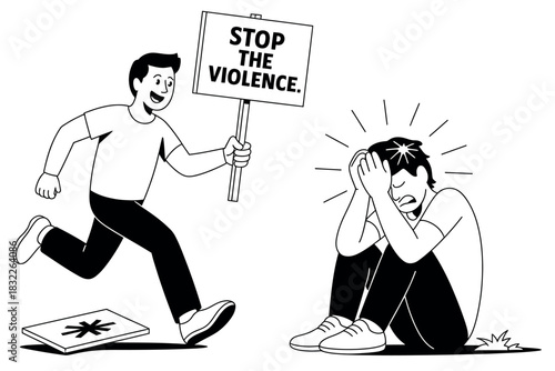 A man holding a "STOP THE VIOLENCE" sign runs towards a distressed person sitting on the ground.