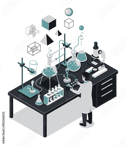 Isometric Science Laboratory Experiment Vector Illustration - Modern Clean 3D Perspective