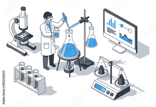 Isometric Science Laboratory Experiment Vector Illustration - Modern Clean 3D Perspective