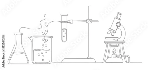 Minimalist Science Laboratory Experiment Line Art Illustration, Single Line Drawing