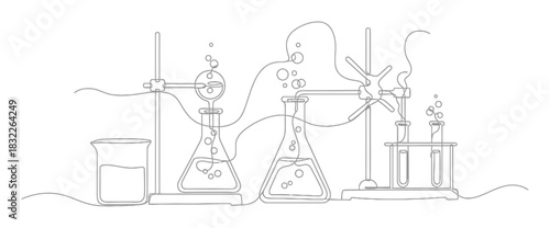 Minimalist Science Laboratory Experiment Line Art Illustration, Single Line Drawing