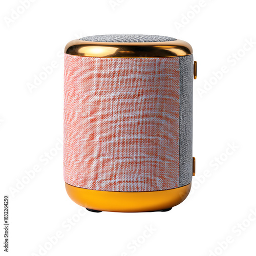 Portable Bluetooth speaker PNG, pink fabric and gold metal wireless audio speaker isolated on white for ecommerce