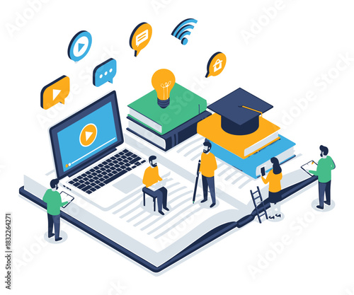 Isometric Elearning Illustration: Modern Online Education Vector Art