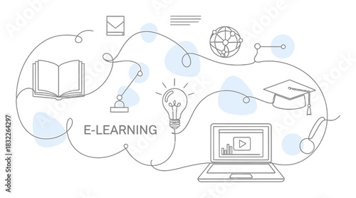 Elegant Single Line Art Illustration: Online Education & E-Learning Minimalism