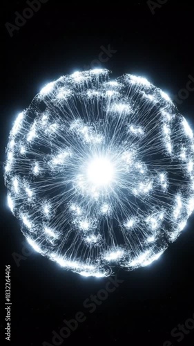 A glowing spherical explosion with radiating light on a black background