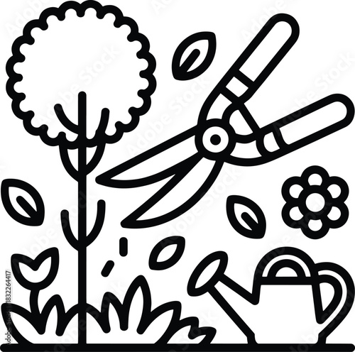 Garden pruning shears watering can tree leaves and flower icon gardening secateurs