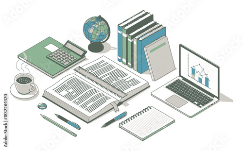Isometric Homework Assignment Vector Illustration - Modern Geometric Education Concept