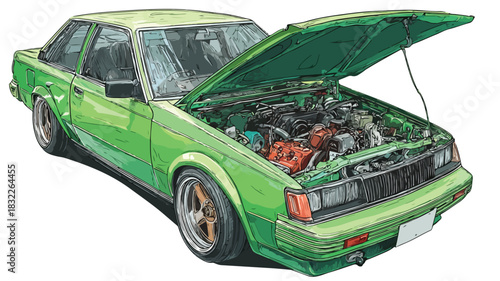 Detailed Vector Drawing of Green Car with Open Hood