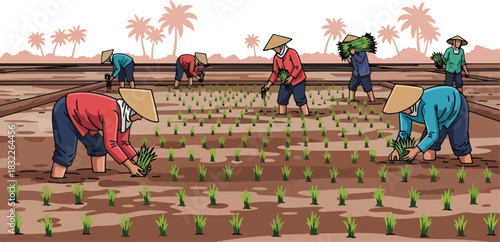 Farmers transplanting rice seedlings in a flooded muddy field under palm trees