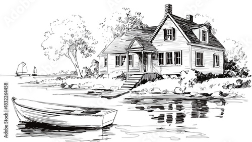 Scenic Drawing of House with Boat on Water - Vector Illustration