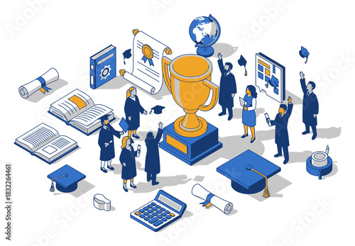 Isometric Graduation Success - Academic Achievement Vector Illustration