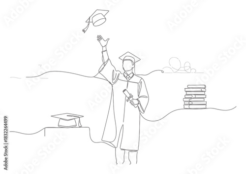 Elegant Graduation Continuous Line Art - Minimalist Academic Success Illustration