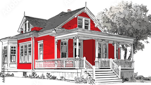Charming House Drawing with Red Front Porch and White Porch