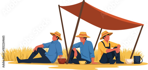 Three farmers resting under a simple awning in dry grass