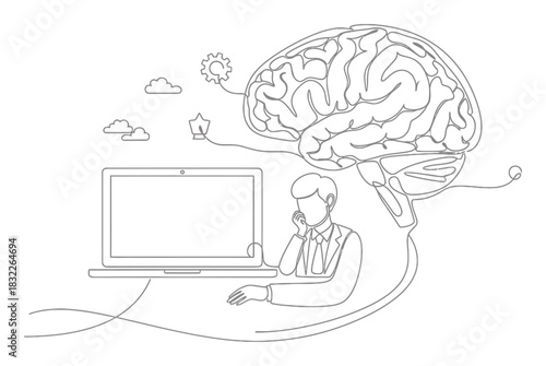 Continuous Line Art Brain Learning Process, Minimalist Single Line Drawing Illustration