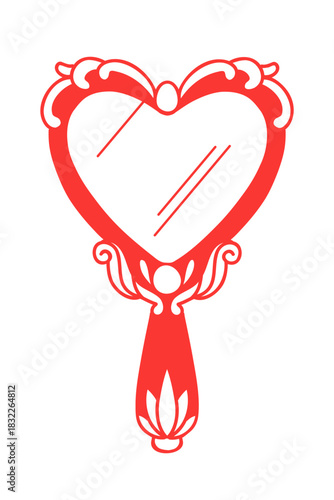 Vector line illustration of heart shaped mirror isolated on white background. Romantic element clip art for card, scrapbook, or sticker design. Valentine's day, wedding, love concept. 