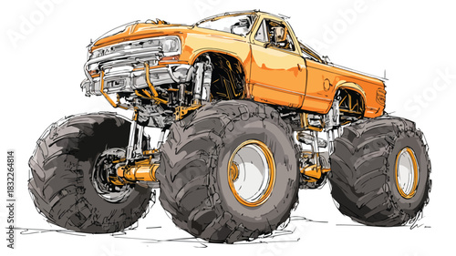 Detailed Monster Truck Drawing with Large Orange Front | Vector Illustration