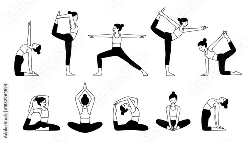 Big set of women practicing yoga, stretching in different poses. Vector line art drawing of female characters in asana. Collection  for web, advert, print, logo, or social media posts. 