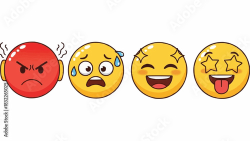 Collection of cartoon emoji faces expressing various emotions including anger fear happiness and excitement